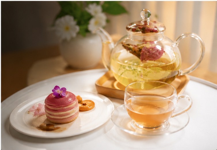 Destibeau tea and treats — rose tea and macarons